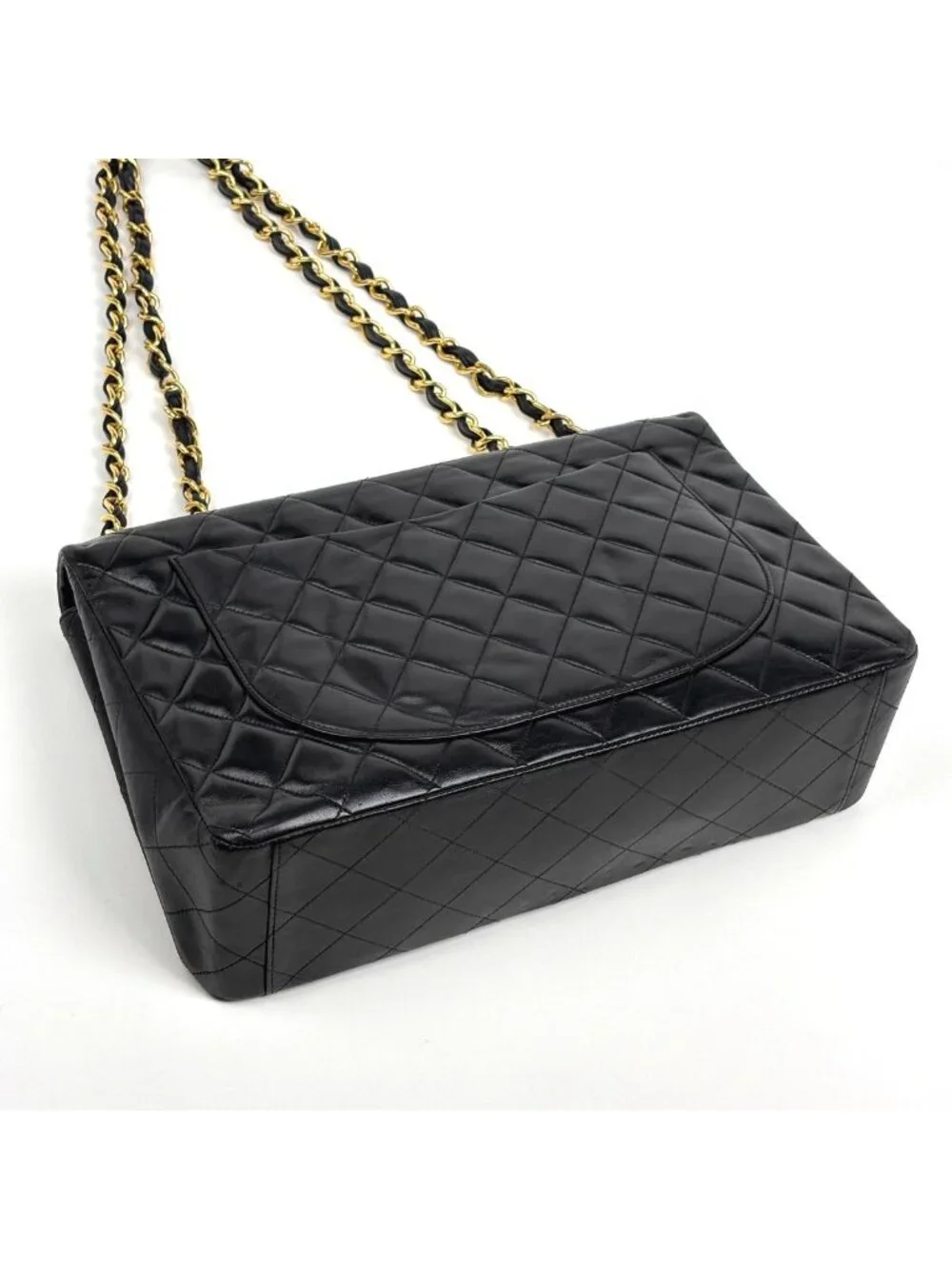 Chanel Big Quilted Shoulder Bag CC Logo Single Flap Chain Leather Black